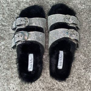Rhinestone and fuzzy sandals